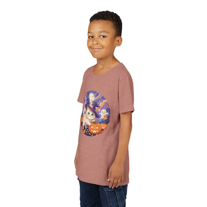Halloween cute kitten anime style 5 Unisex Youth Tee | T-Shirt, Cute Pumpkin Shirt, Kids Halloween Outfit, Cat Lover Gift, Fun Fall Apparel