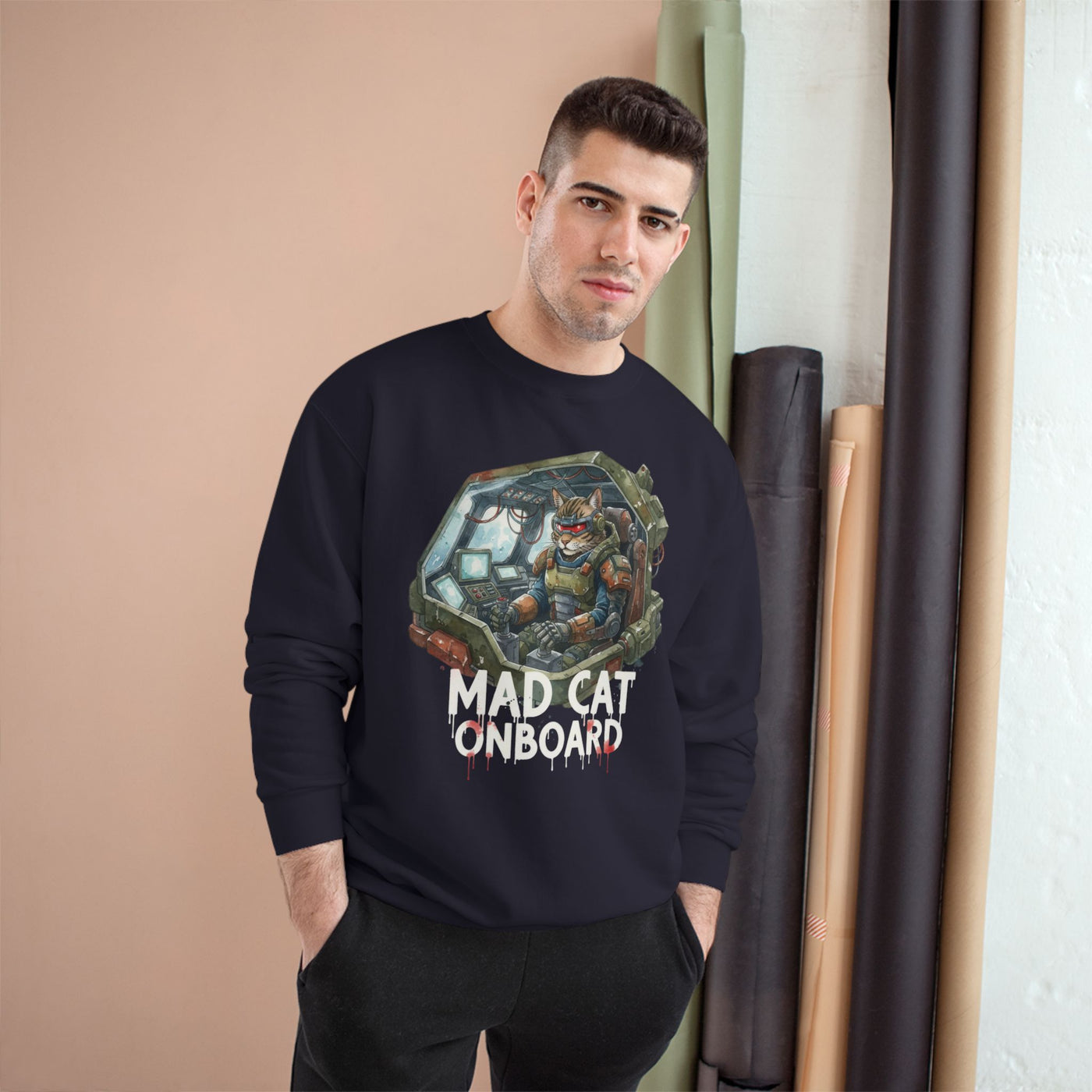 Mad Cat Onboard Graphic style 1 Champion Crewneck Sweatshirt for Gamers & Sci‑Fi Fans