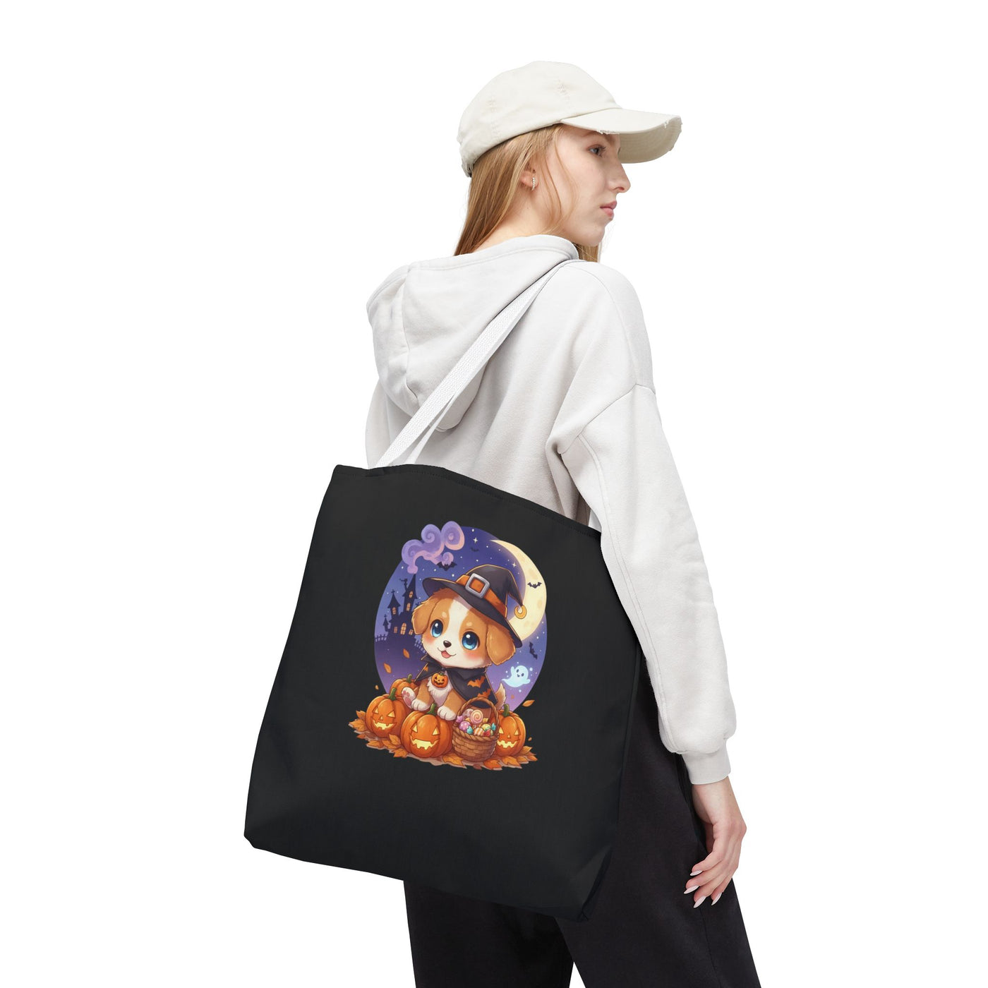Adorable Halloween Puppy anime style Tote Bag, Pumpkin Lover Gift, Cute Dog Design, Witch Theme, Eco-Friendly Shopping Bag