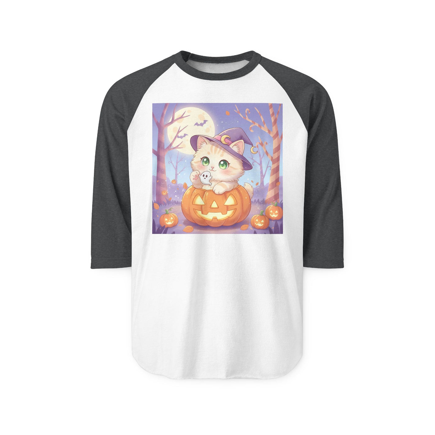 Halloween cute kitten anime style 1 Raglan Shirt, Unisex Halloween Top, Pumpkin Cat Shirt, Cute Cat Tee, Spooky Casual Wear