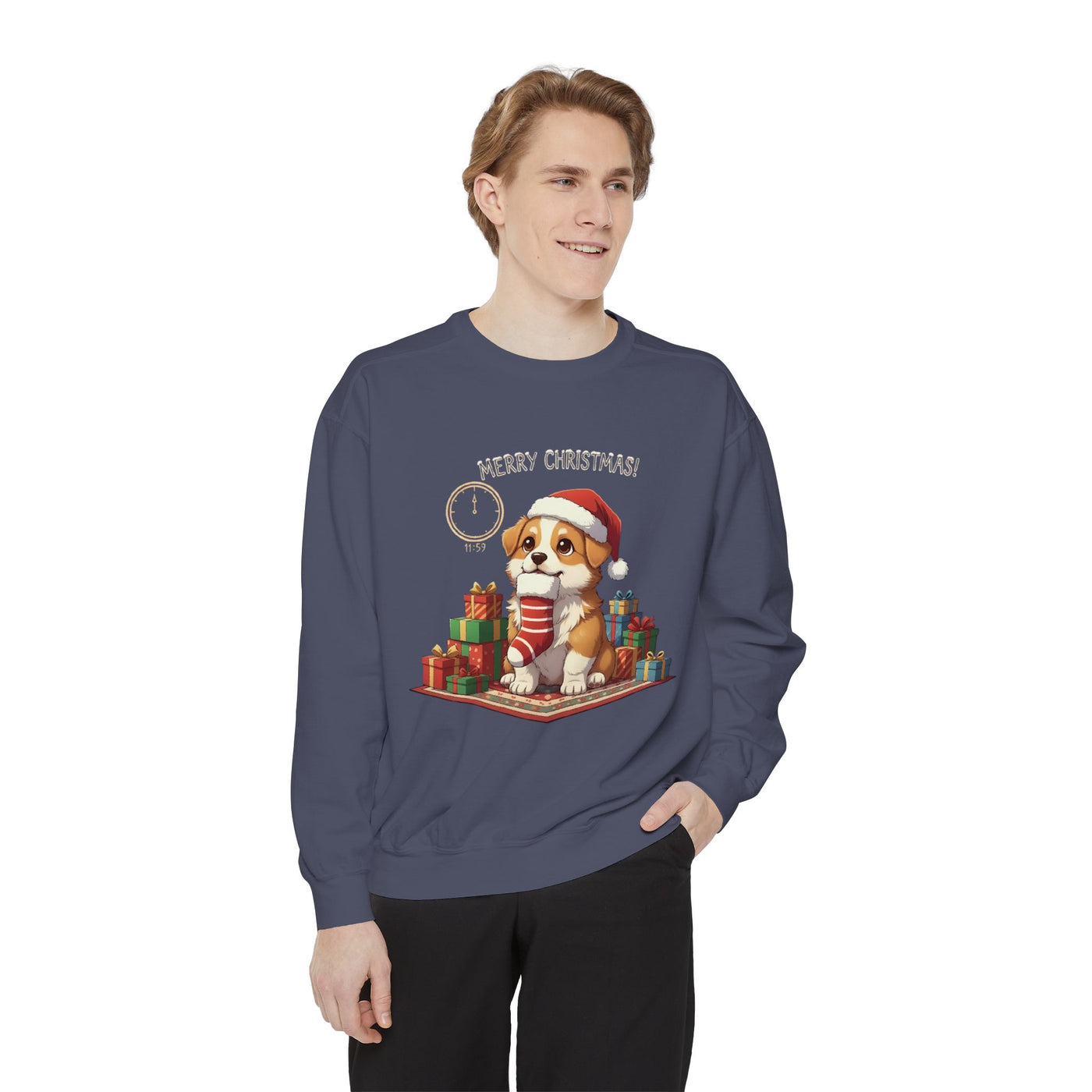 Cute Puppy waiting for Christmas presents style 1 Cozy Graphic Unisex Crewneck Sweatshirt