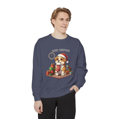 Cute Puppy waiting for Christmas presents style 1 Cozy Graphic Unisex Crewneck Sweatshirt
