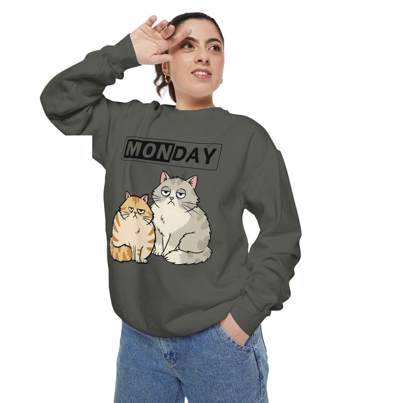 Monday Face Cat Stares Blankly Unisex Crewneck Sweatshirt style 1