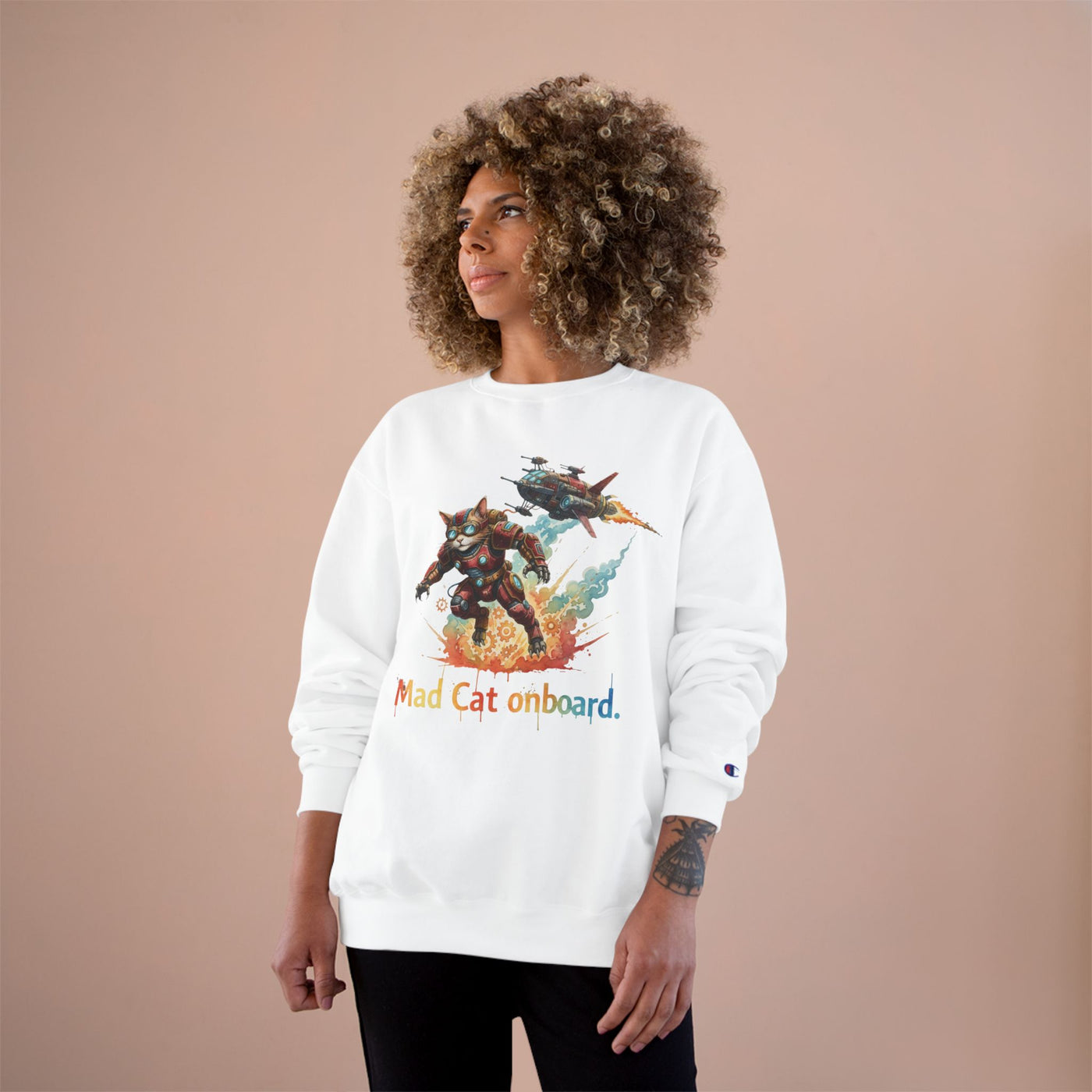 Mad Cat Onboard Graphic style 2 Champion Crewneck Sweatshirt for Gamers & Sci‑Fi Fans