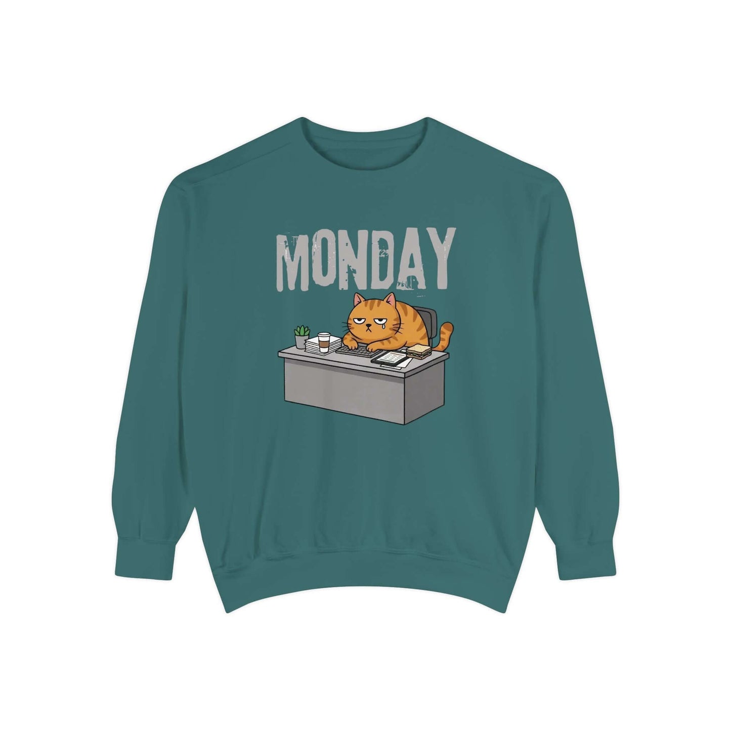 Monday Face Cat Stares Blankly Unisex Crewneck Sweatshirt featuring a grumpy cat at a desk with a 'MONDAY' banner.
