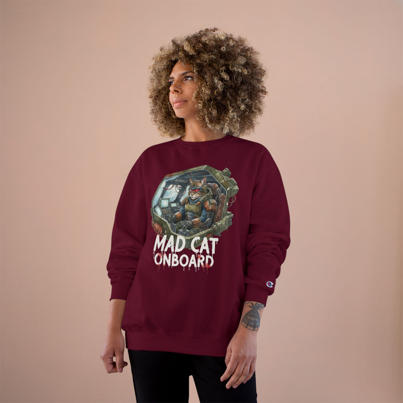 Mad Cat Onboard Graphic style 1 Champion Crewneck Sweatshirt for Gamers & Sci‑Fi Fans