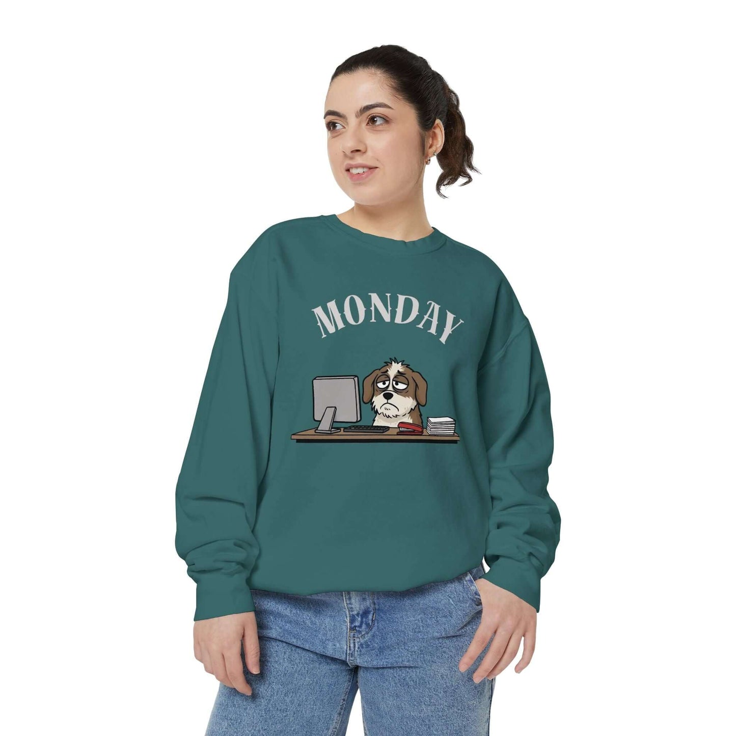 Monday Face Dog Stares Blankly Unisex Crewneck Sweatshirt with dog graphic and "MONDAY" text