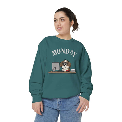 Monday Face Dog Stares Blankly Unisex Crewneck Sweatshirt with dog graphic and "MONDAY" text