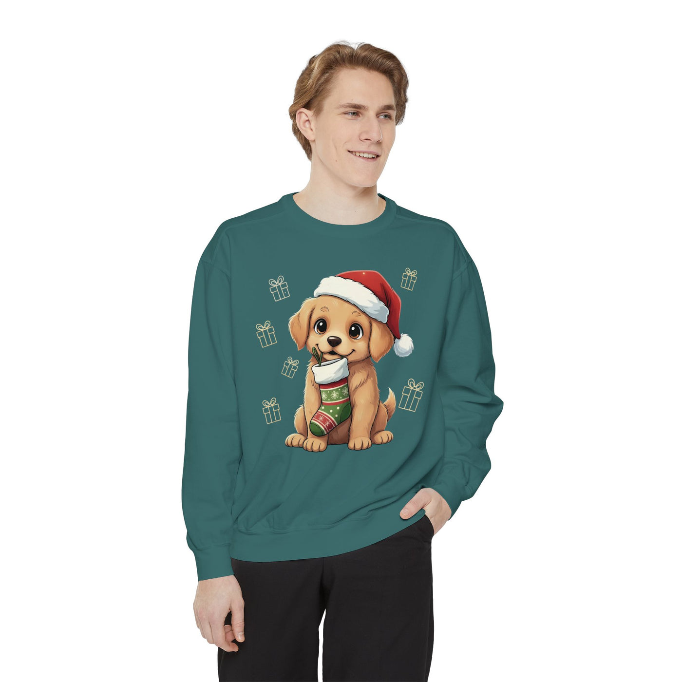 Cute Puppy waiting for Christmas presents style 4 Cozy Graphic Unisex Crewneck Sweatshirt
