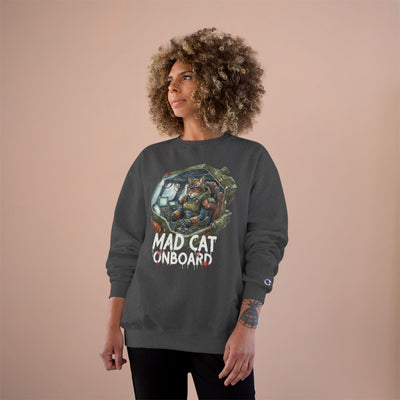 Mad Cat Onboard Graphic style 1 Champion Crewneck Sweatshirt for Gamers & Sci‑Fi Fans