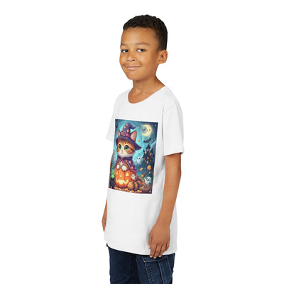 Halloween cute kitten anime style 2 Unisex Youth Tee | T-Shirt, Cute Pumpkin Shirt, Kids Halloween Outfit, Cat Lover Gift, Fun Fall Apparel