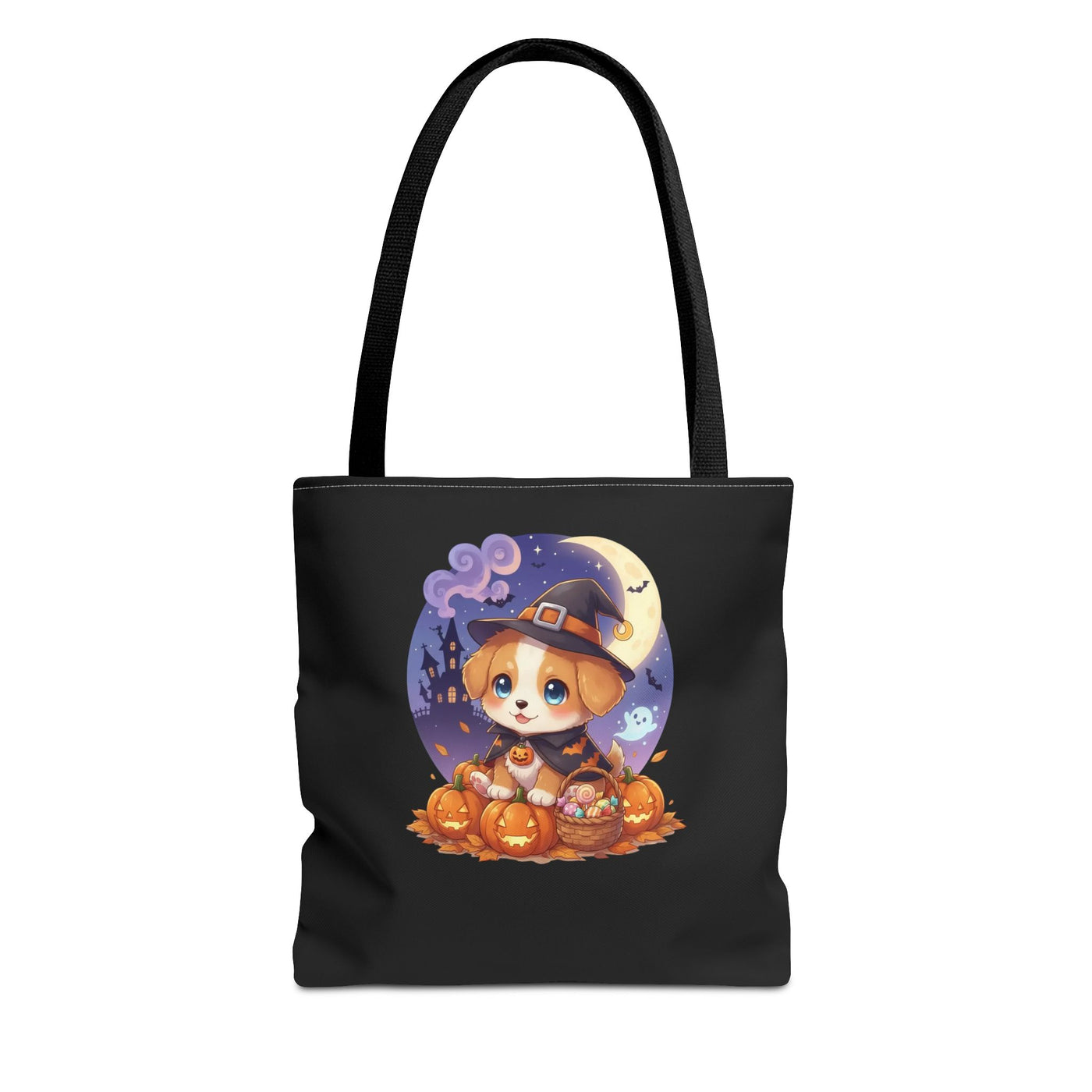 Adorable Halloween Puppy anime style Tote Bag, Pumpkin Lover Gift, Cute Dog Design, Witch Theme, Eco-Friendly Shopping Bag