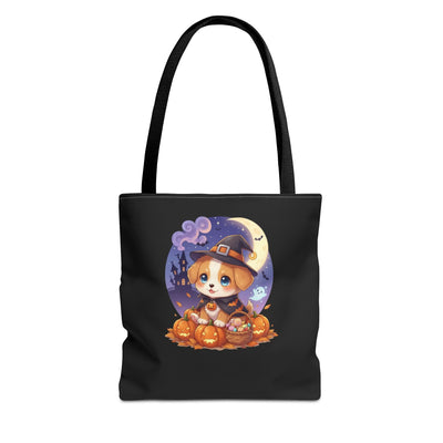 Adorable Halloween Puppy anime style Tote Bag, Pumpkin Lover Gift, Cute Dog Design, Witch Theme, Eco-Friendly Shopping Bag