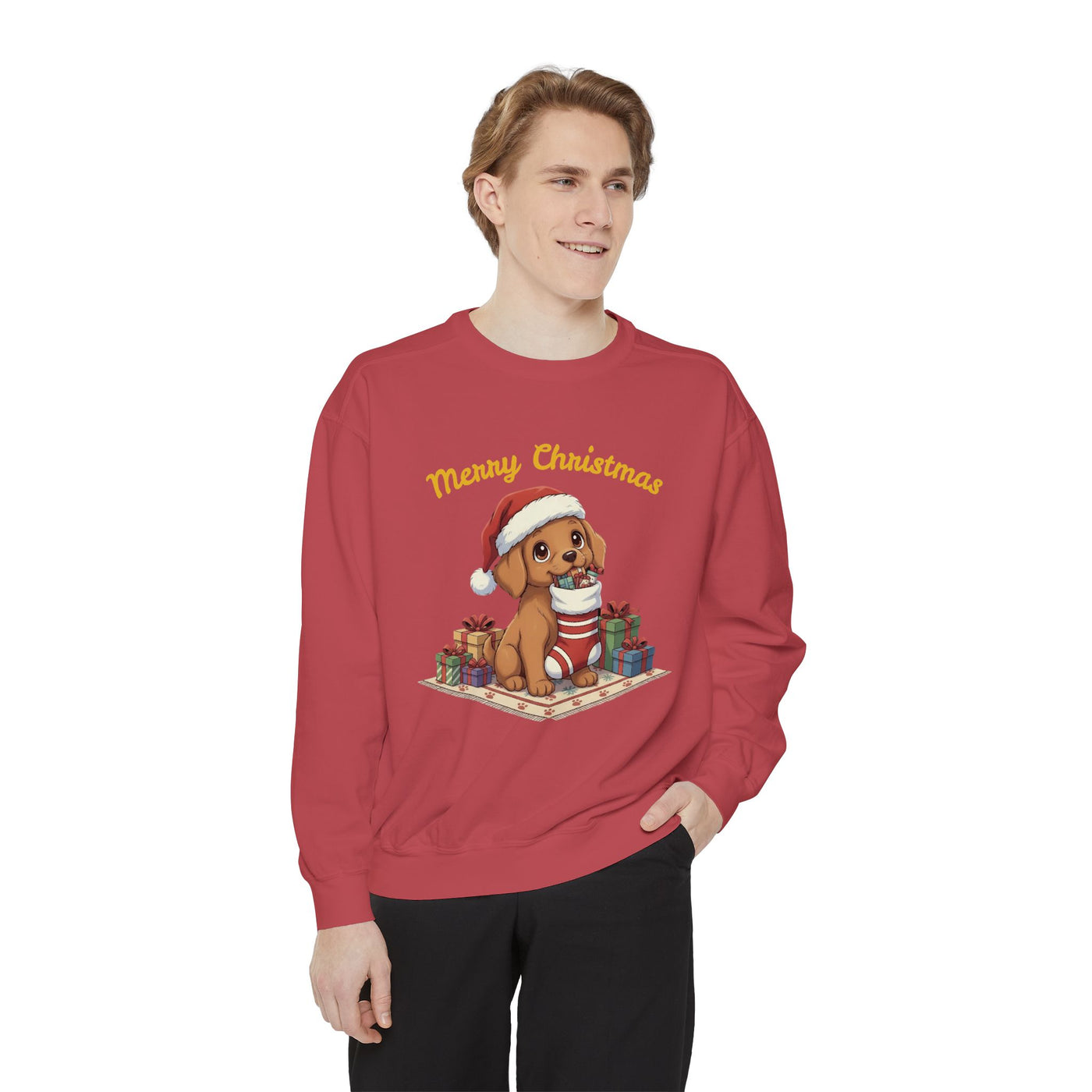 Cute Puppy waiting for Christmas presents style 2 Cozy Graphic Unisex Crewneck Sweatshirt