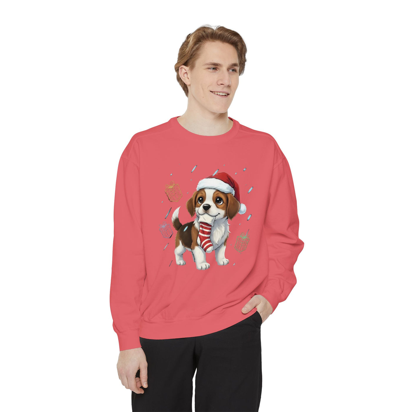 Cute Puppy waiting for Christmas presents style 6 Cozy Graphic Unisex Crewneck Sweatshirt