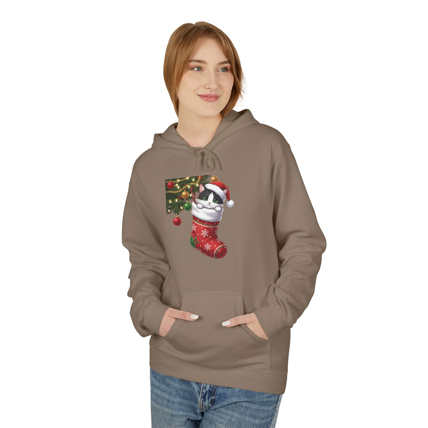 Adorable kitten hiding in Christmas stocking style 1 Cozy Graphic Unisex Midweight Softstyle Fleece Hoodie