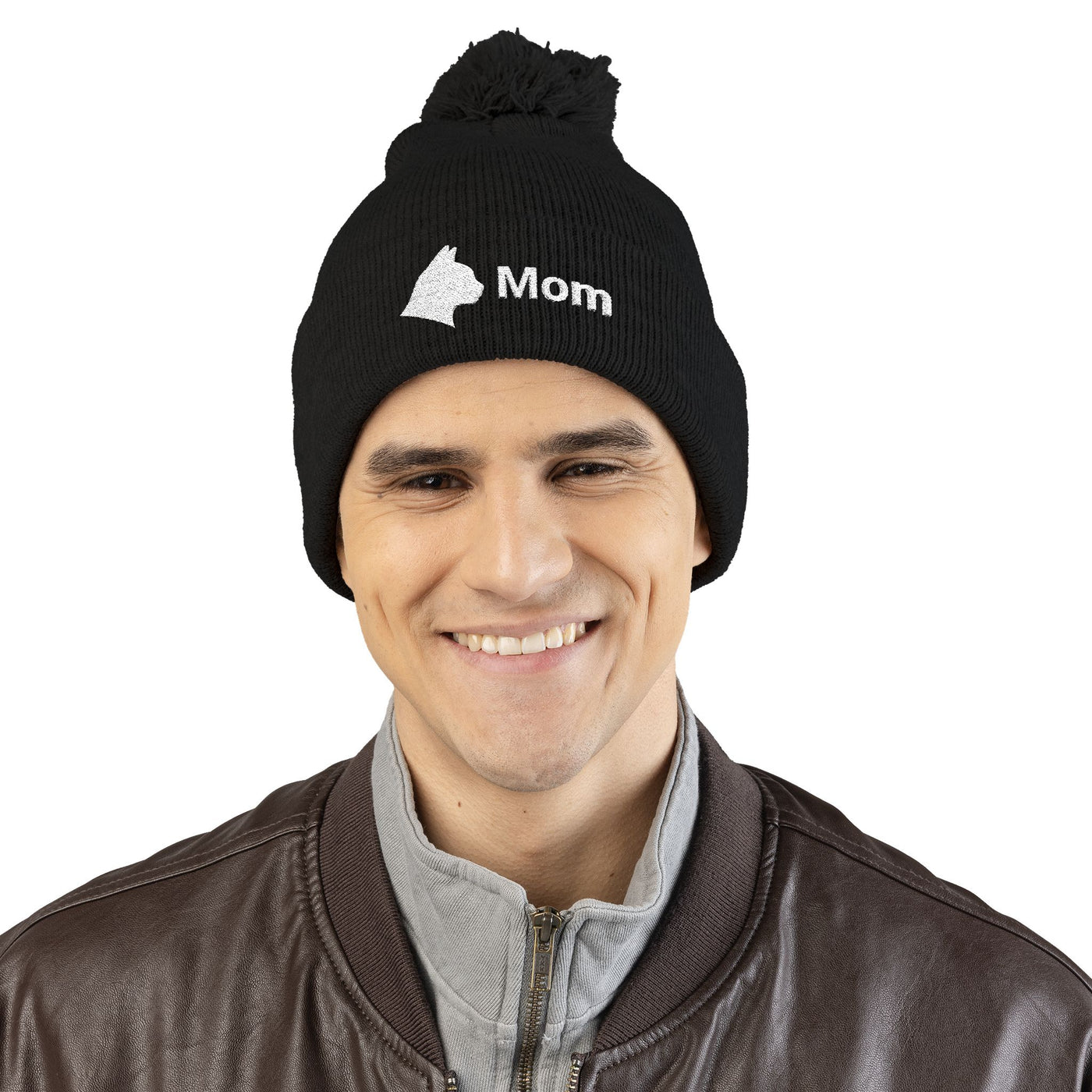Embroidered Cat Mom Pom-Pom Knit Cap
