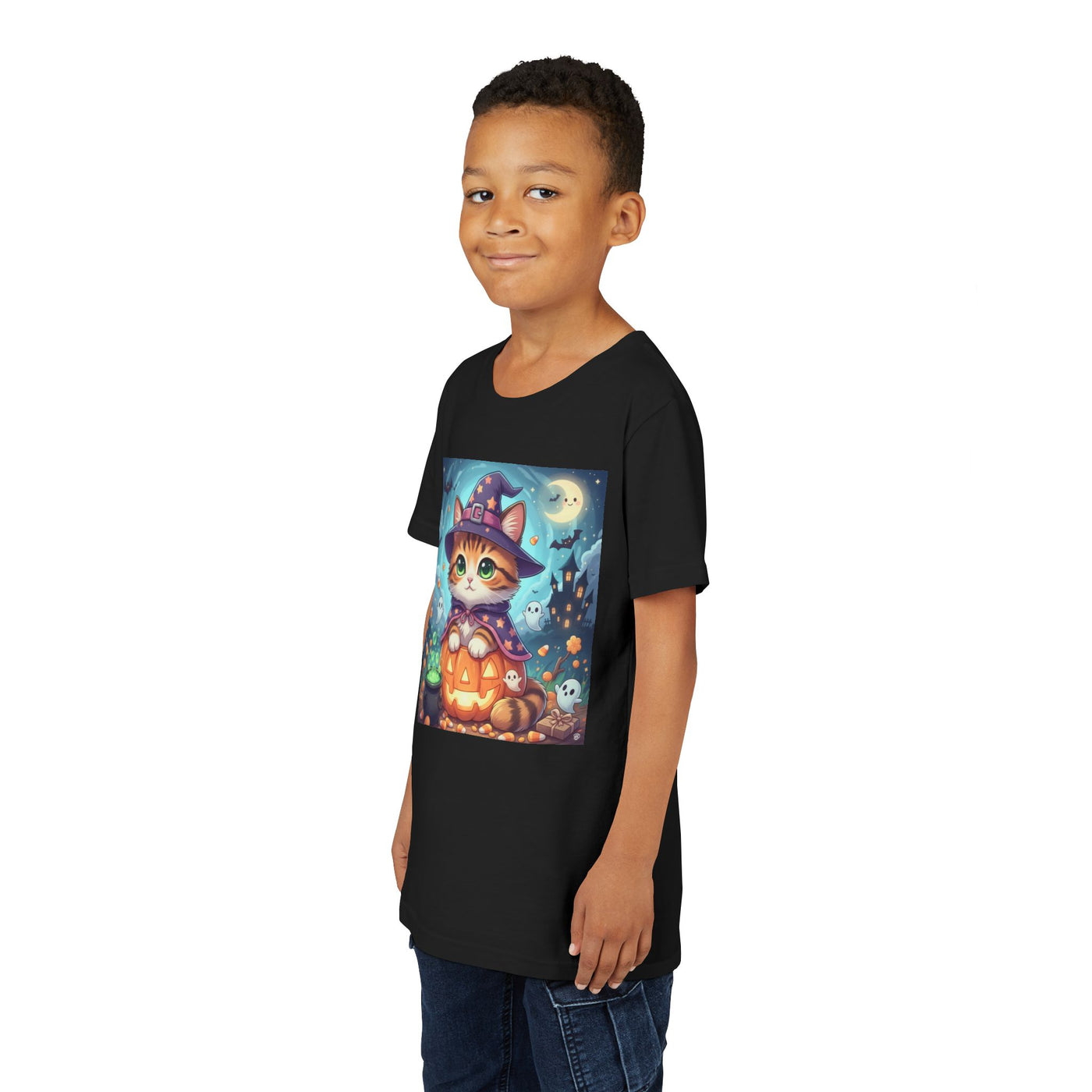 Halloween cute kitten anime style 2 Unisex Youth Tee | T-Shirt, Cute Pumpkin Shirt, Kids Halloween Outfit, Cat Lover Gift, Fun Fall Apparel