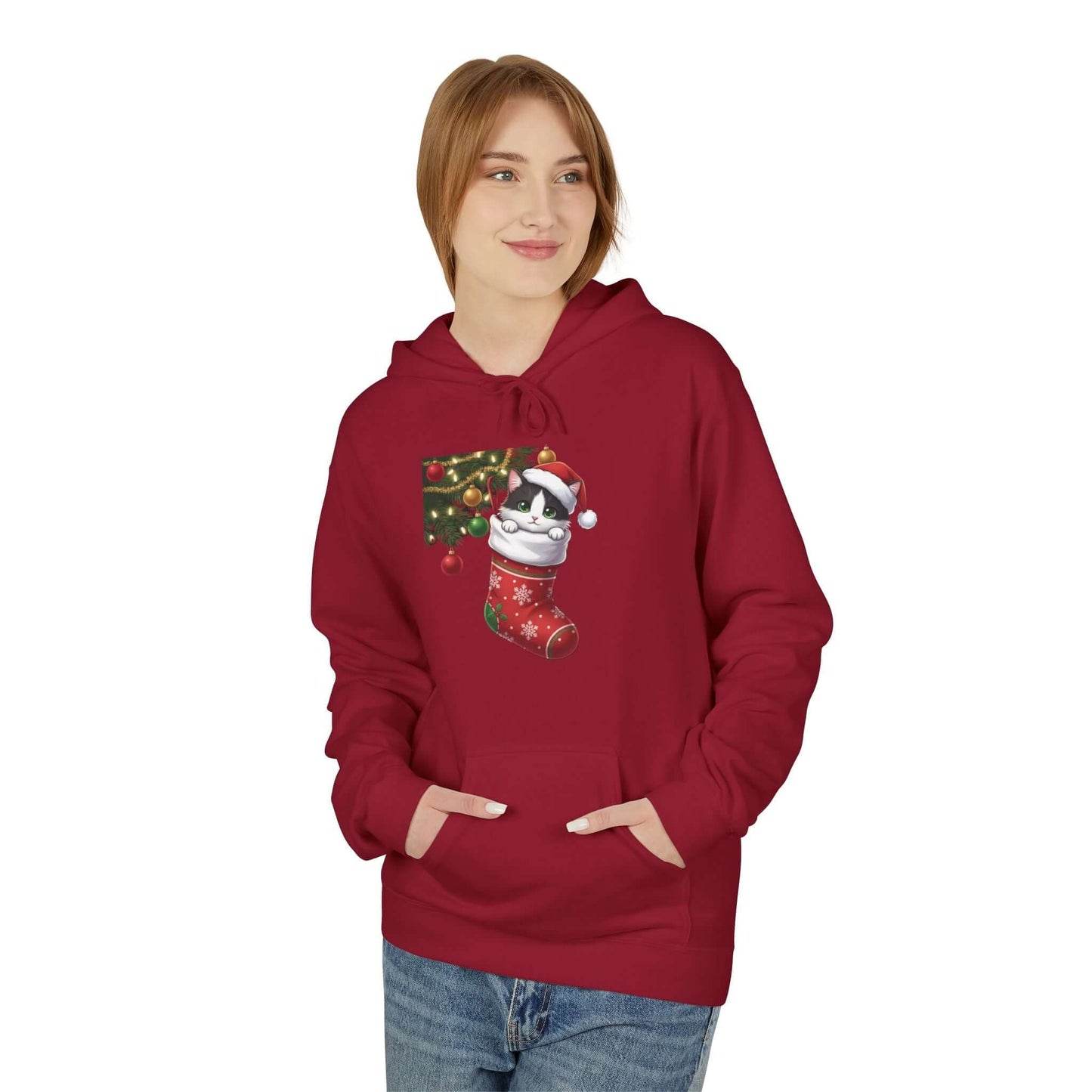 Kitten hiding in Christmas stocking Unisex Fleece Hoodie style 1