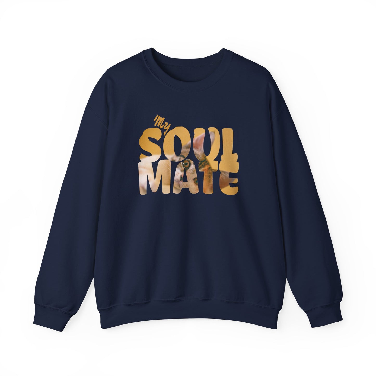 Cat My Soulmate Unisex Crewneck Sweatshirt featuring layered warm lettering over a faded floral design.