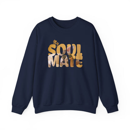 Cat My Soulmate Unisex Crewneck Sweatshirt featuring layered warm lettering over a faded floral design.