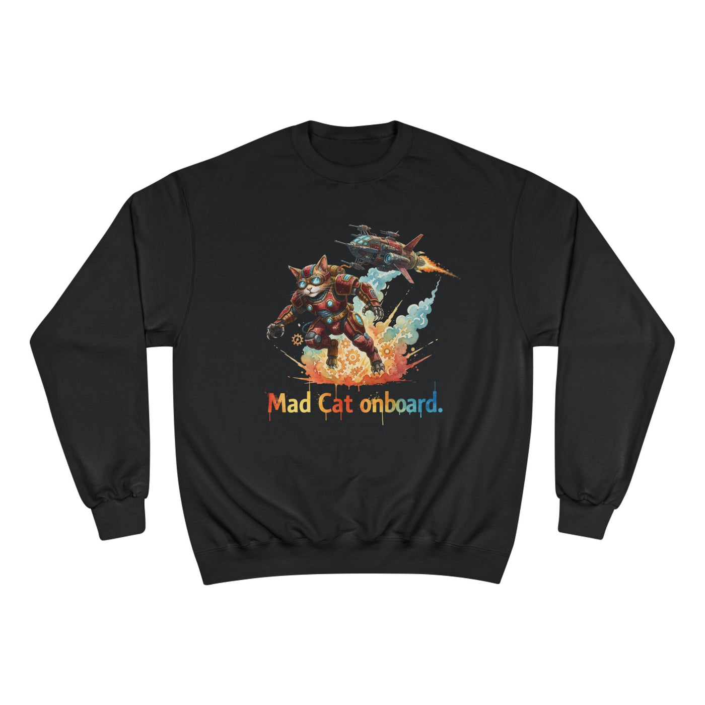 Mad Cat Onboard Graphic style 2 Champion Crewneck Sweatshirt for Gamers & Sci‑Fi Fans