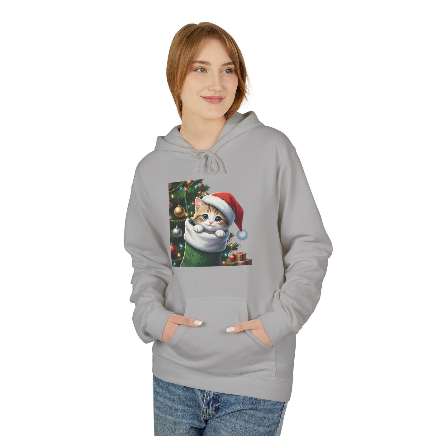 Adorable kitten hiding in Christmas stocking style 2 Cozy Graphic Unisex Midweight Softstyle Fleece Hoodie