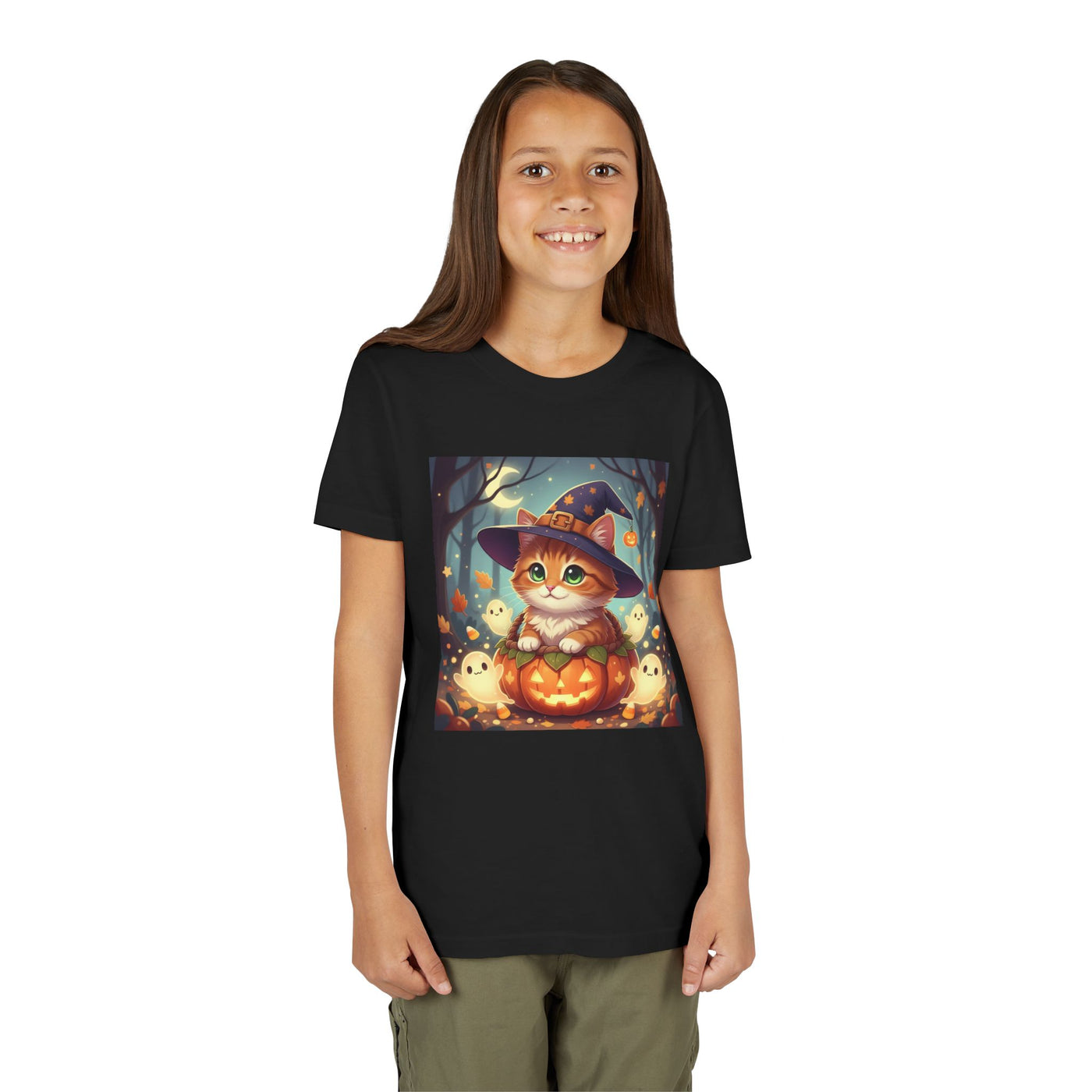 Halloween cute kitten anime style 3 Unisex Youth Tee | T-Shirt, Cute Pumpkin Shirt, Kids Halloween Outfit, Cat Lover Gift, Fun Fall Apparel