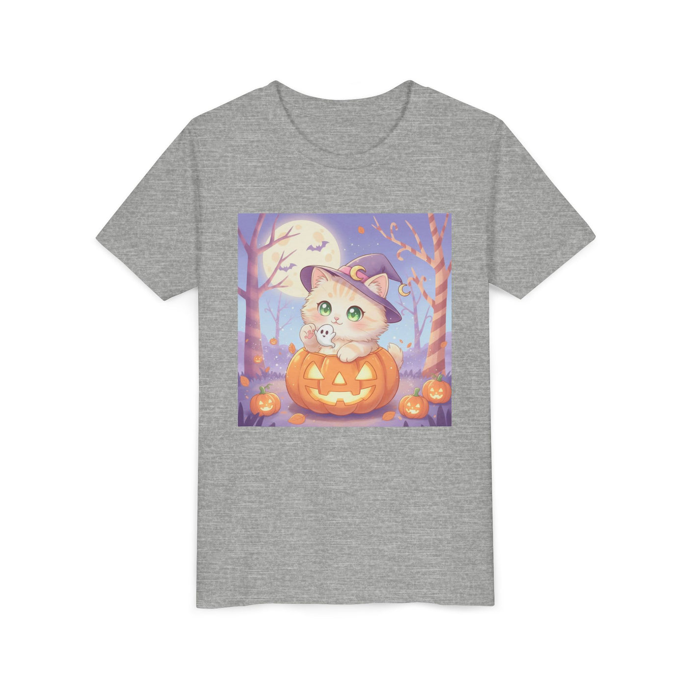 Halloween cute kitten anime style 1 Unisex Youth Tee | T-Shirt, Cute Pumpkin Shirt, Kids Halloween Outfit, Cat Lover Gift, Fun Fall Apparel