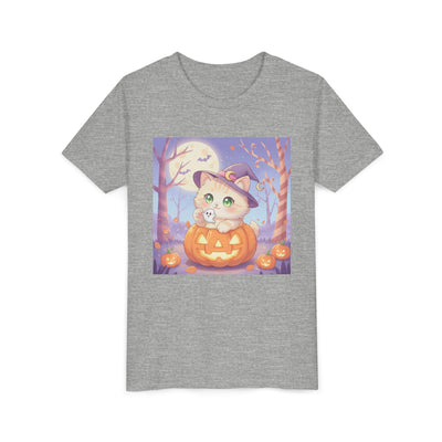 Halloween cute kitten anime style 1 Unisex Youth Tee | T-Shirt, Cute Pumpkin Shirt, Kids Halloween Outfit, Cat Lover Gift, Fun Fall Apparel