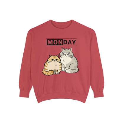 Monday Face Cat Stares Blankly Unisex Crewneck Sweatshirt with two grumpy cats under 'MONDAY' banner.