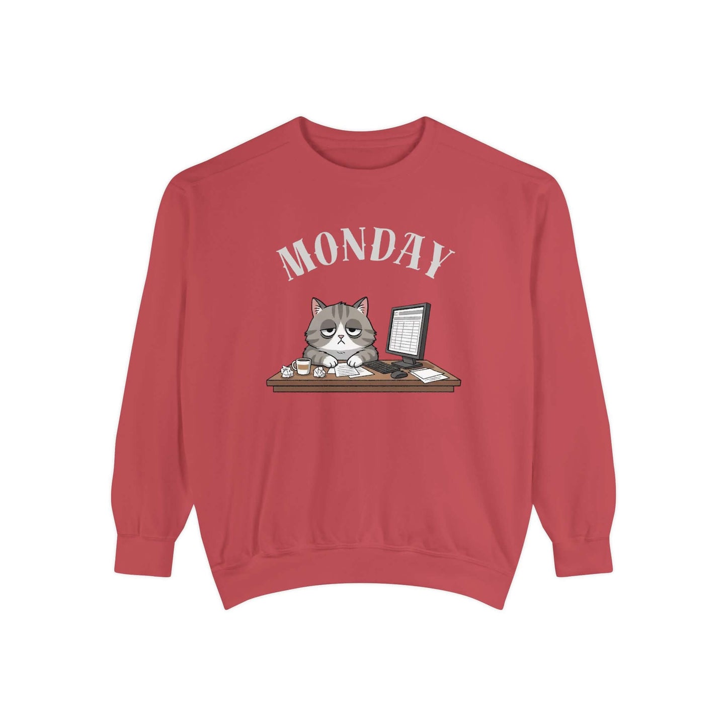 Monday Face Cat Stares Blankly Unisex Crewneck Sweatshirt with gray cat and 'MONDAY' text on red background.