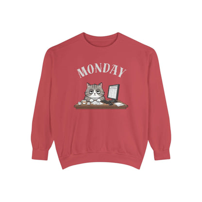 Monday Face Cat Stares Blankly Unisex Crewneck Sweatshirt with gray cat and 'MONDAY' text on red background.