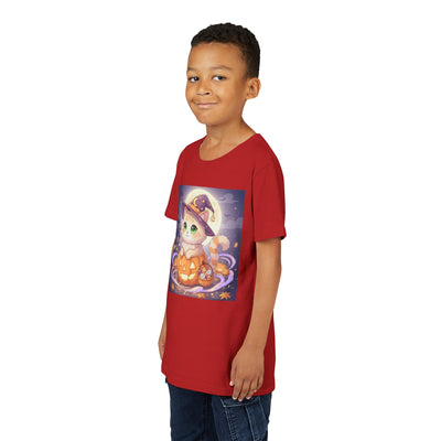 Halloween cute kitten anime style 4 Unisex Youth Tee | T-Shirt, Cute Pumpkin Shirt, Kids Halloween Outfit, Cat Lover Gift, Fun Fall Apparel