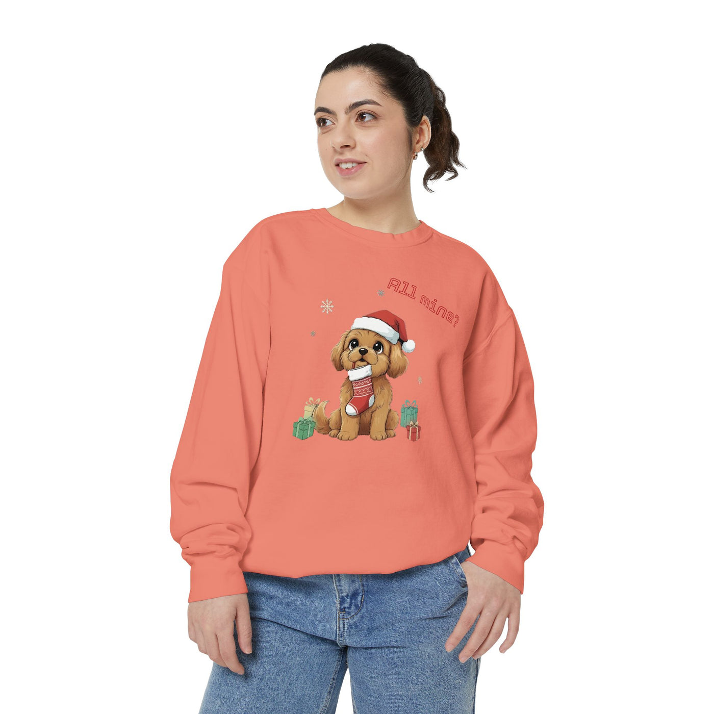 Cute Puppy waiting for Christmas presents style 8 Cozy Graphic Unisex Crewneck Sweatshirt
