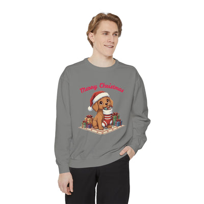 Cute Puppy waiting for Christmas presents style 2 Cozy Graphic Unisex Crewneck Sweatshirt