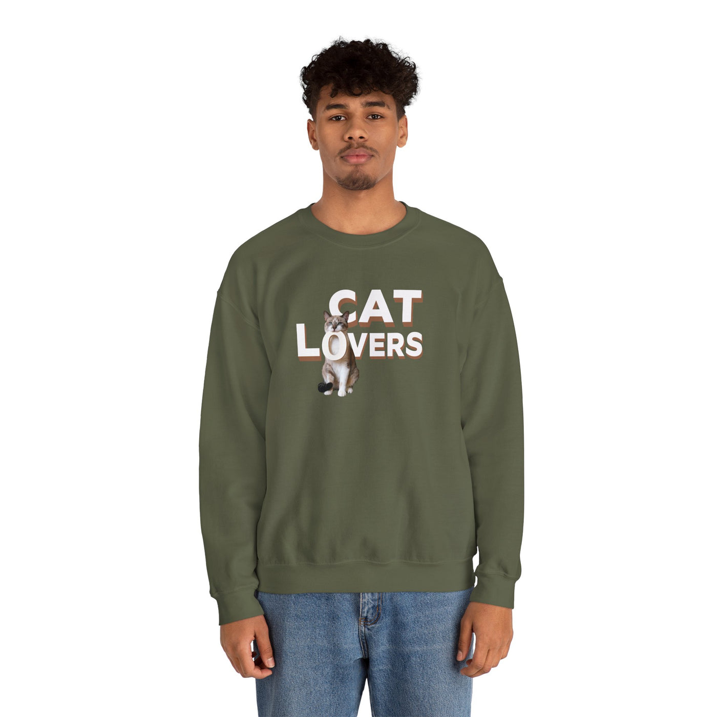 cat lovers cute kitten sweatshirt featuring a man wearing a cozy crewneck with cat graphics