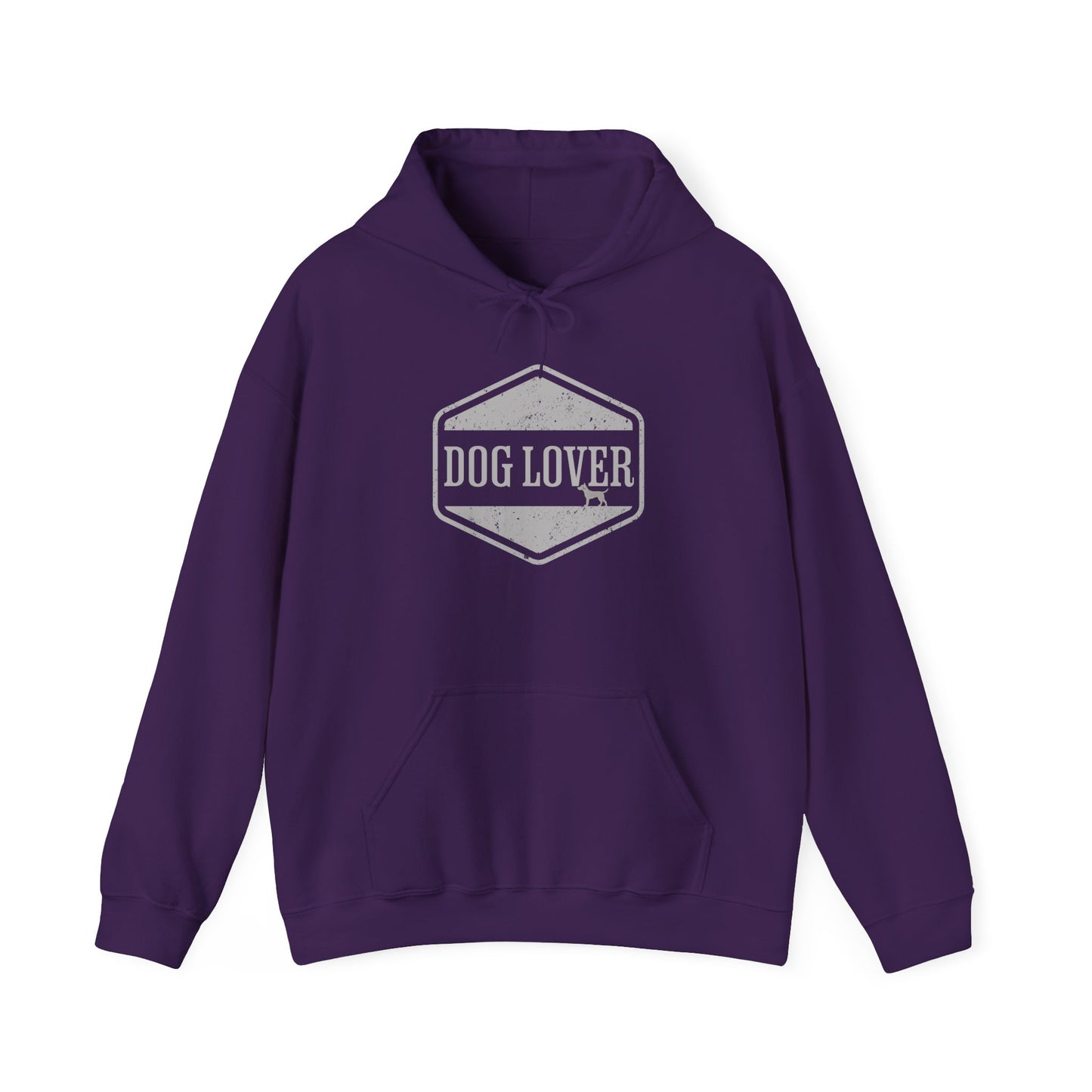 Dog Lover plus Slogan on Back Unisex Pullover Hoodie in purple color with vintage badge design.