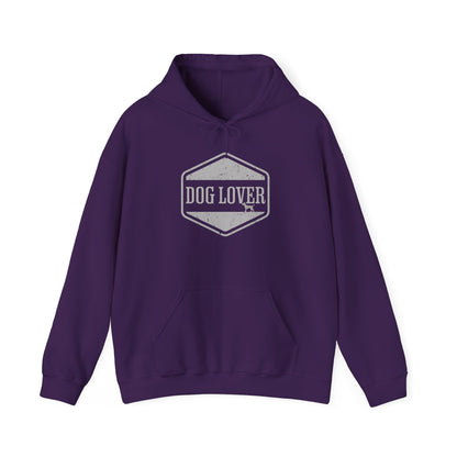 Dog Lover plus Slogan on Back Unisex Pullover Hoodie in purple color with vintage badge design.