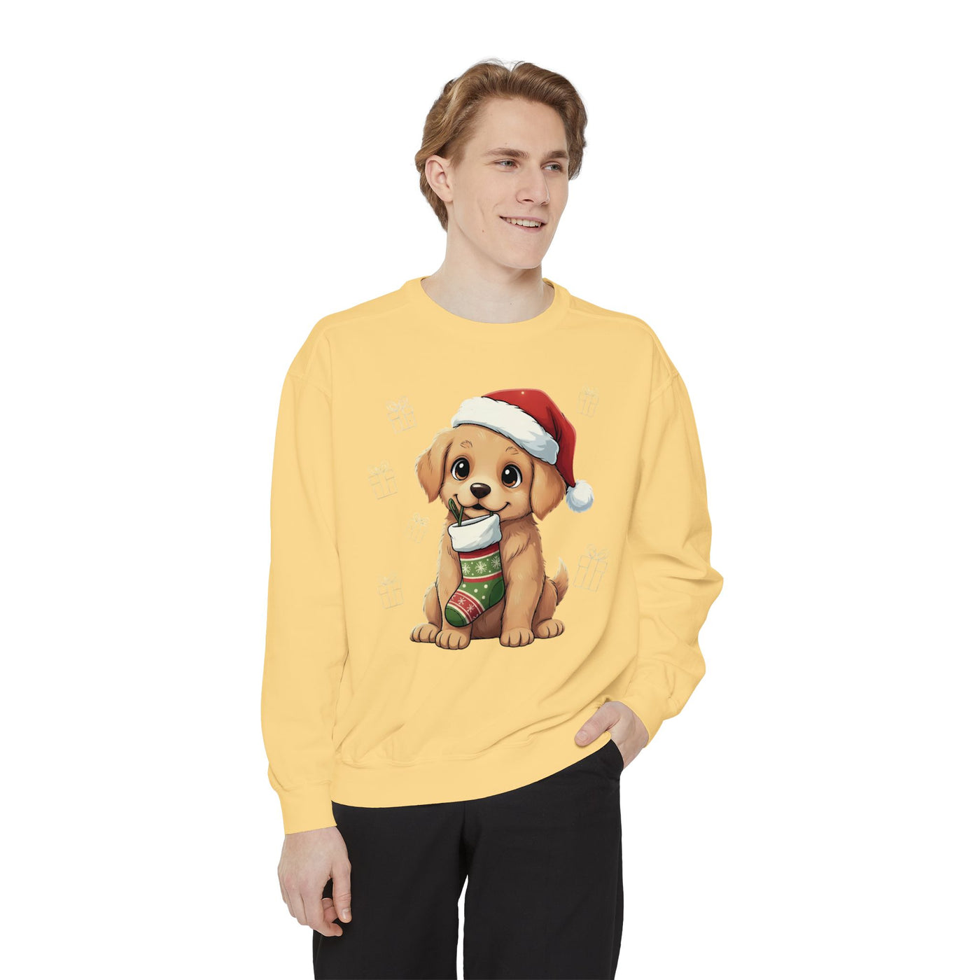 Cute Puppy waiting for Christmas presents style 4 Cozy Graphic Unisex Crewneck Sweatshirt