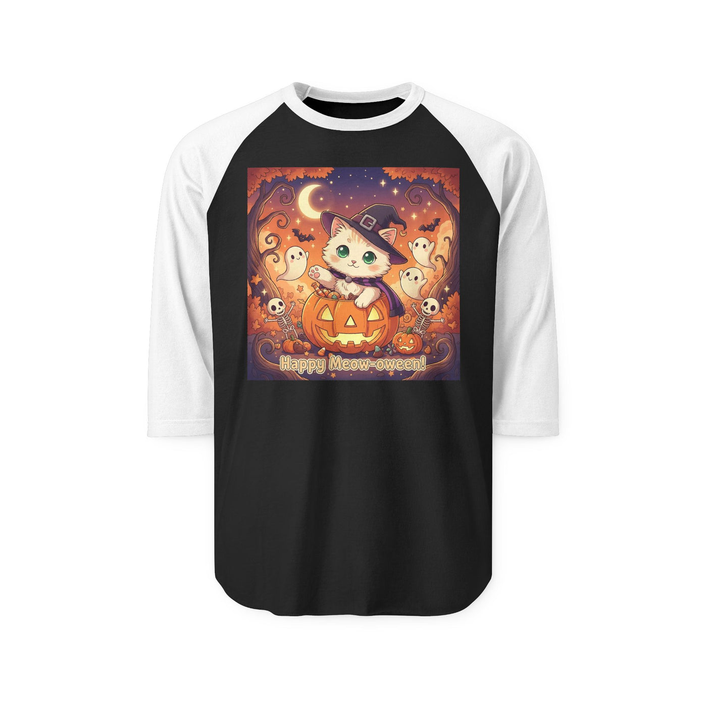 Halloween cute kitten anime style 6 Raglan Shirt, Unisex Halloween Top, Pumpkin Cat Shirt, Cute Cat Tee, Spooky Casual Wear