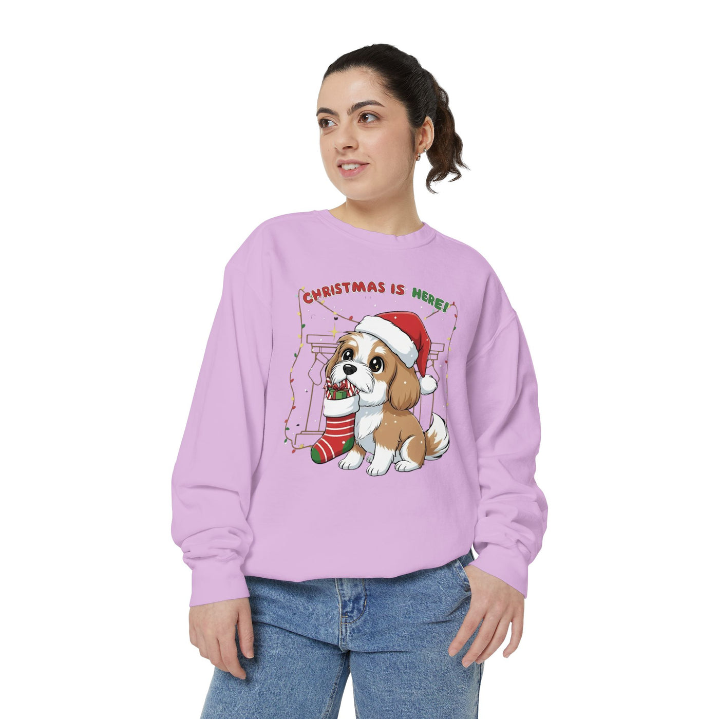 Cute Puppy waiting for Christmas presents style 5 Cozy Graphic Unisex Crewneck Sweatshirt