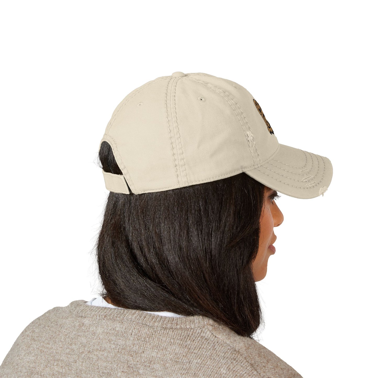 Cats Lover Distressed Embroidered Cap Dad Hat Brown Words