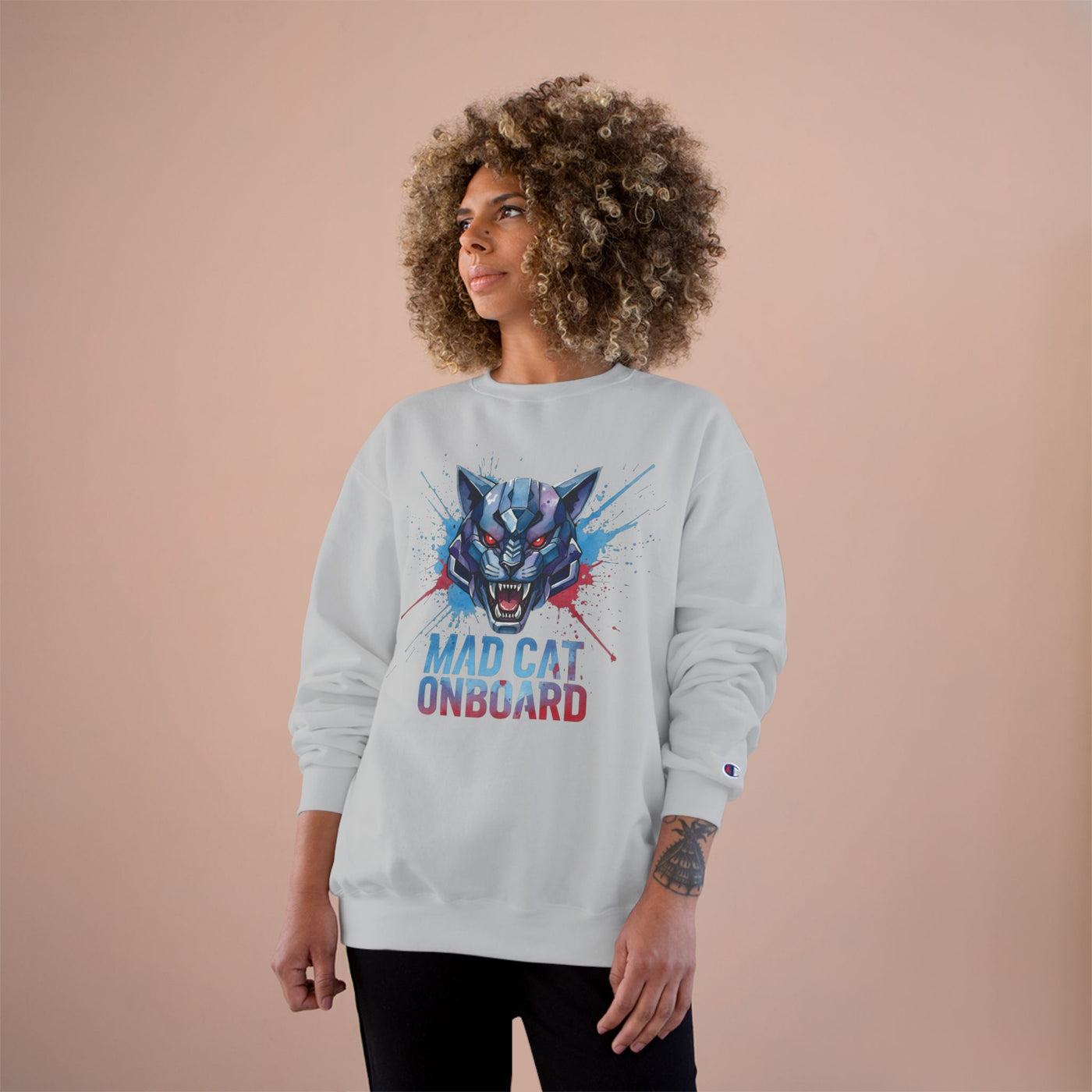 Mad Cat Onboard Graphic style 3 Champion Crewneck Sweatshirt for Gamers & Sci‑Fi Fans