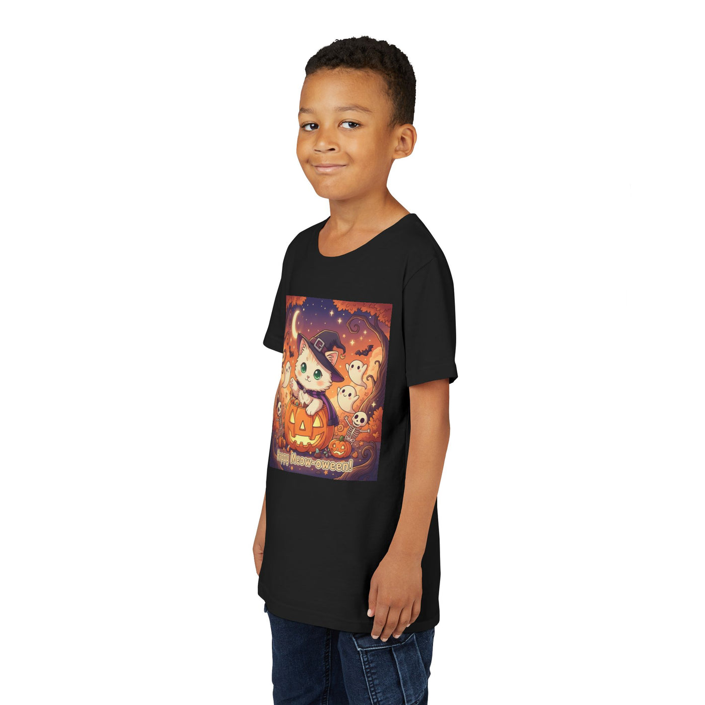 Halloween cute kitten anime style 6 Unisex Youth Tee | T-Shirt, Cute Pumpkin Shirt, Kids Halloween Outfit, Cat Lover Gift, Fun Fall Apparel