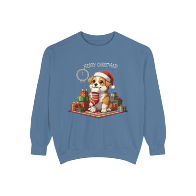 Cute Puppy waiting for Christmas presents style 1 Cozy Graphic Unisex Crewneck Sweatshirt