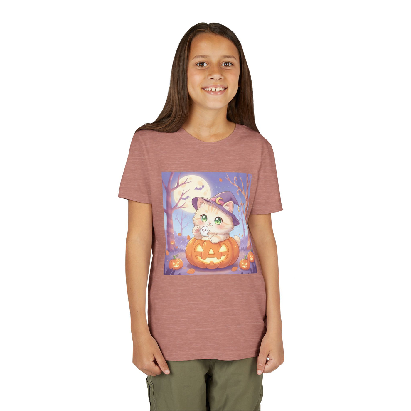 Halloween cute kitten anime style 1 Unisex Youth Tee | T-Shirt, Cute Pumpkin Shirt, Kids Halloween Outfit, Cat Lover Gift, Fun Fall Apparel