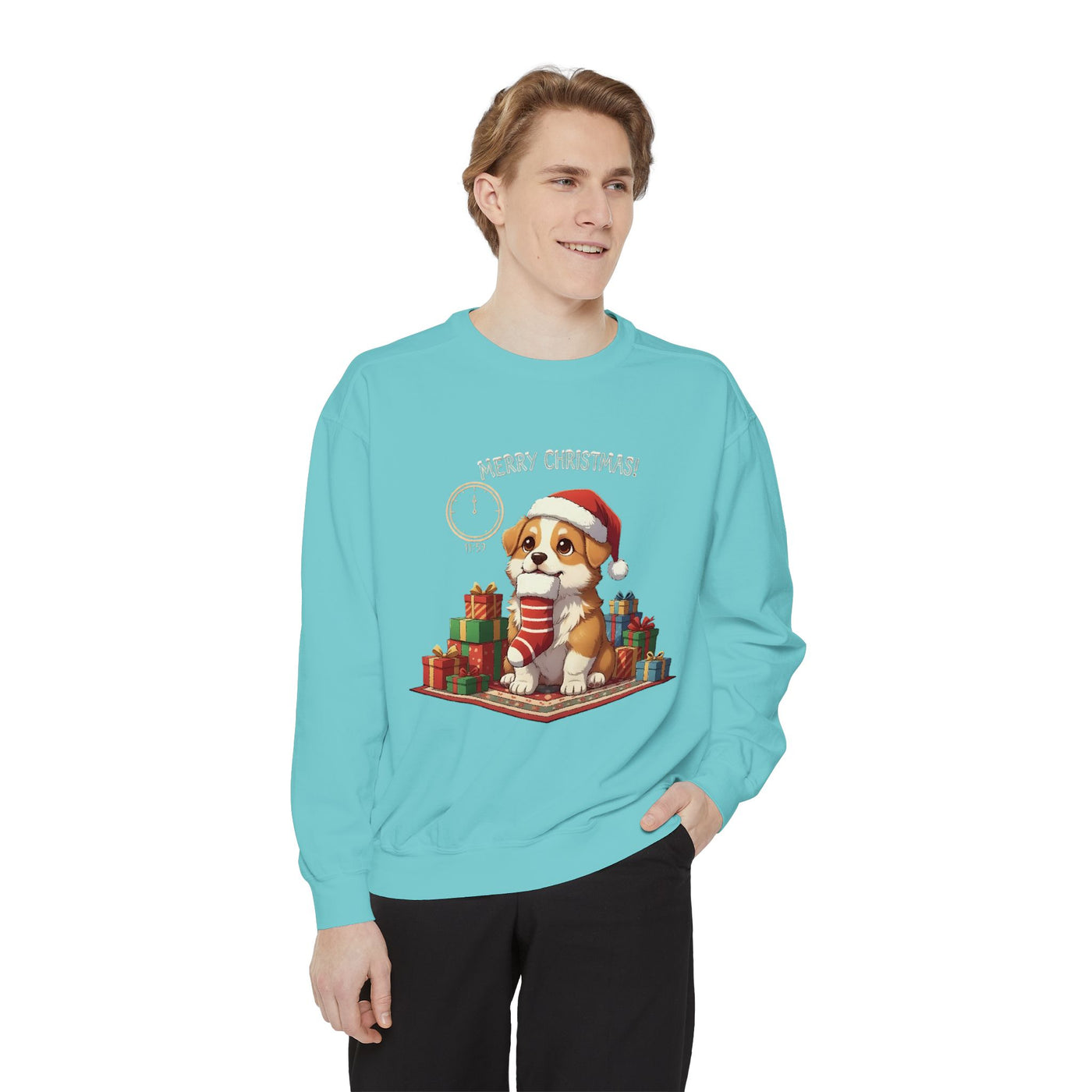 Cute Puppy waiting for Christmas presents style 1 Cozy Graphic Unisex Crewneck Sweatshirt