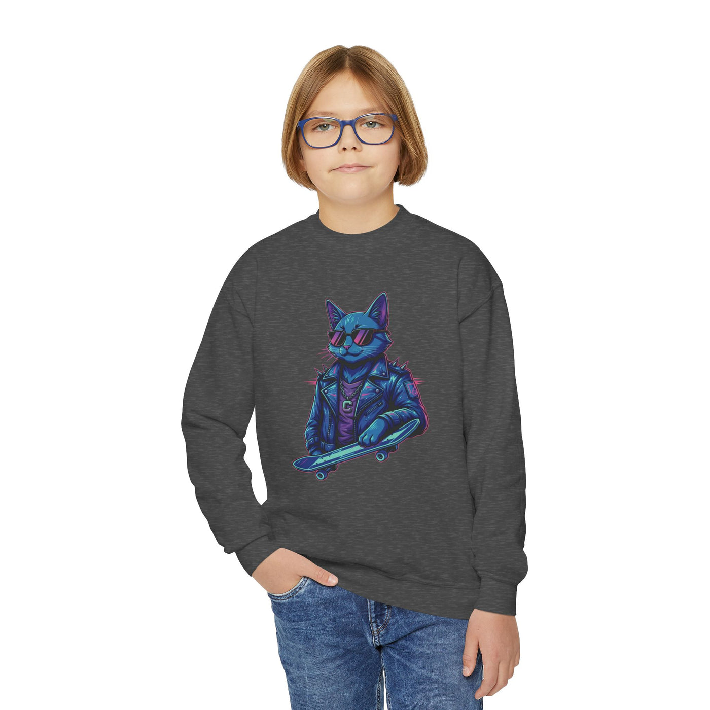 Cool Cat style 2 Youth Crewneck Sweatshirt - Cozy & Cute