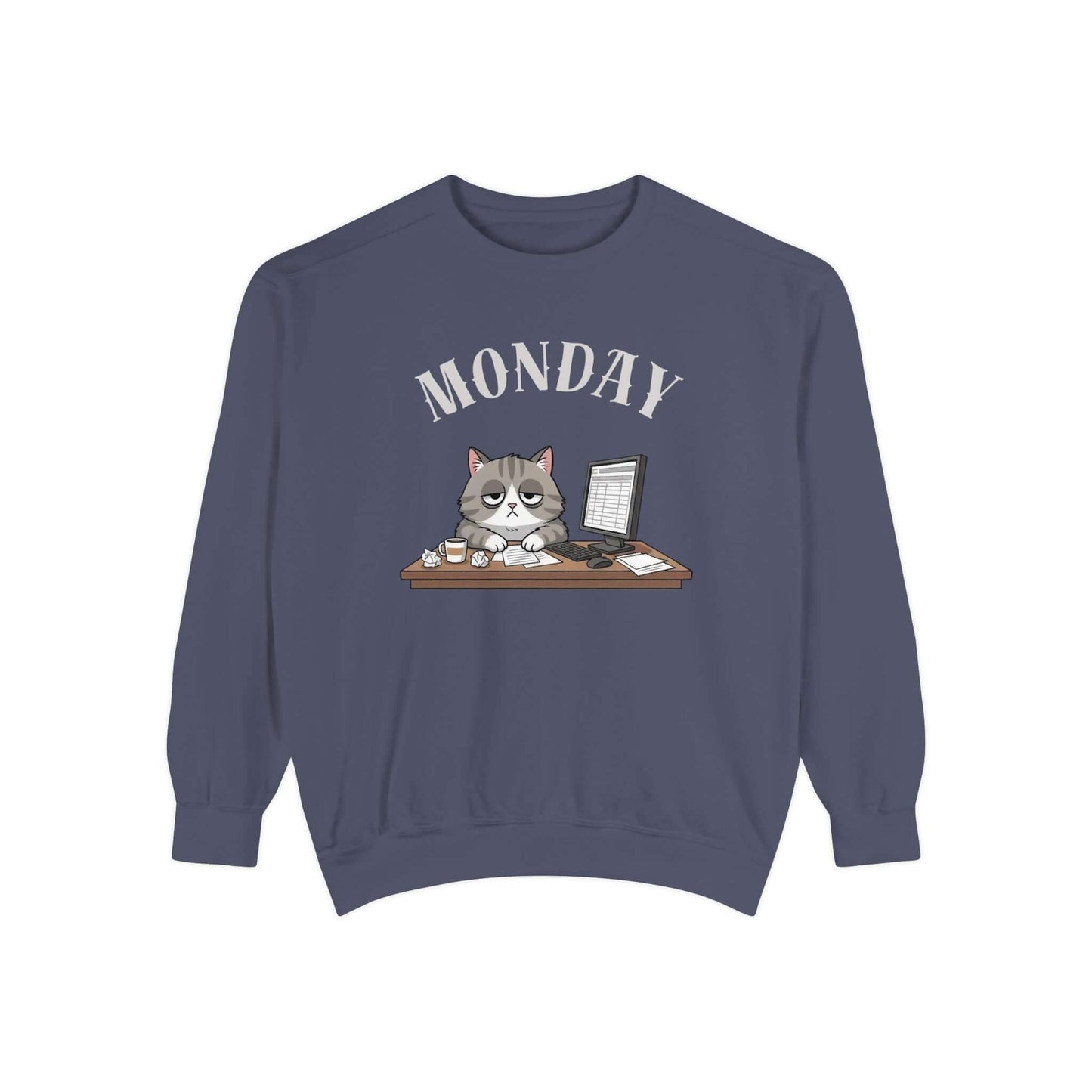 Monday Face Cat Stares Blankly Unisex Crewneck Sweatshirt, relaxed-fit with cat graphic and "MONDAY" banner.